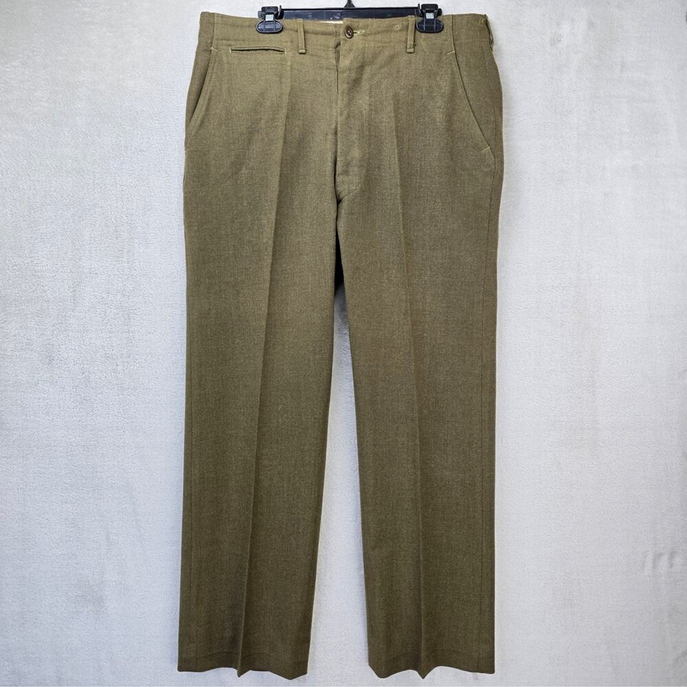 WW2 US Army Military Pants Wool Green Trouser Button Fly Gas Flap Vintage 34x33